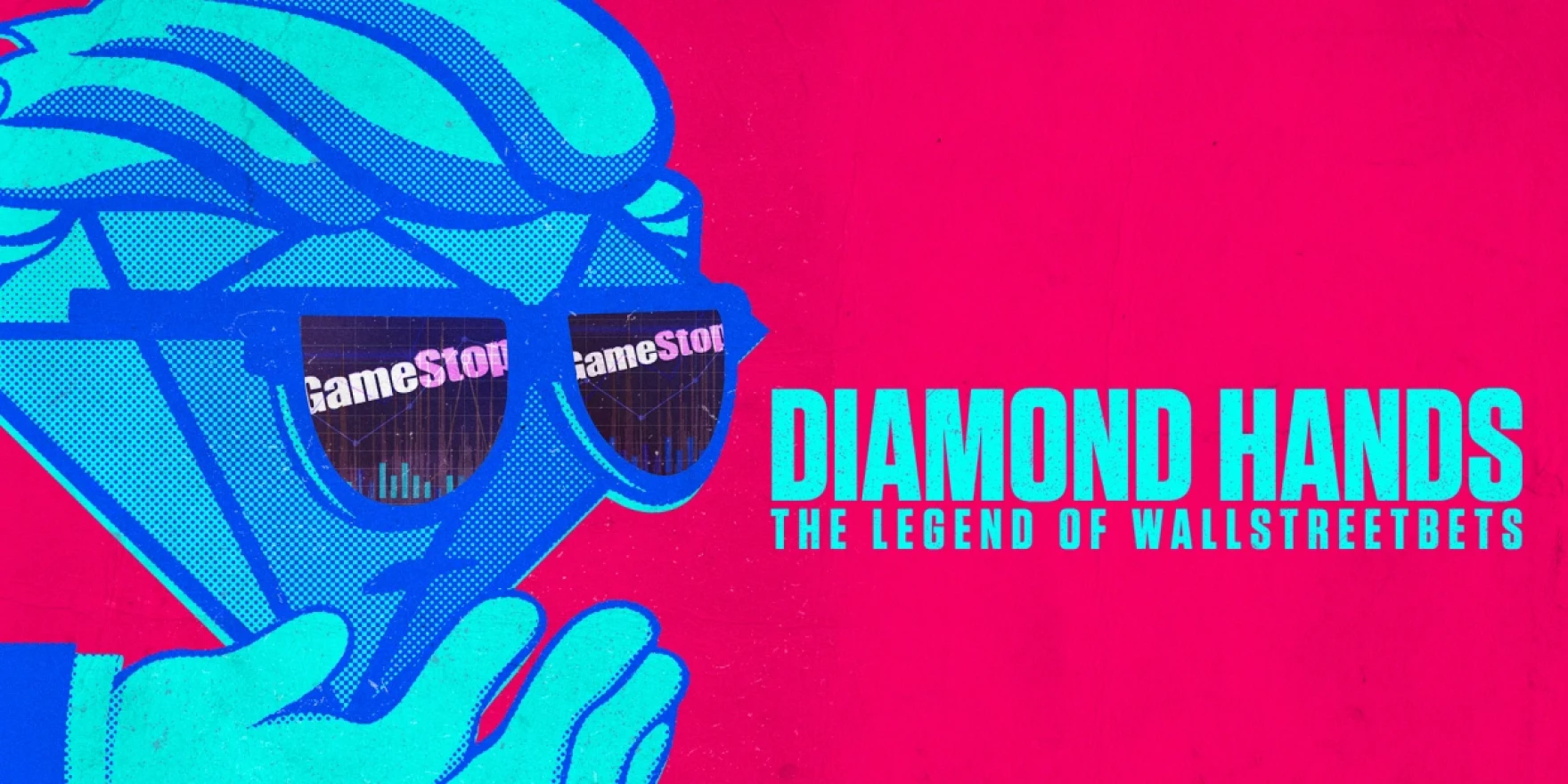Image shows a drawn 2D blue diamond being held by a drawn 2d Hand, taking up about half the image on the left hand side. The Diamond has slicked back hair, the same hair worn by the mascot of the wallstreet bets subreddit. It also has sunglasses, with the "GAMESTOP" stylized logo and stock price chart reflected in them. On the right hand side, the movie's name is seen. The entire image is set against a neon pink background.